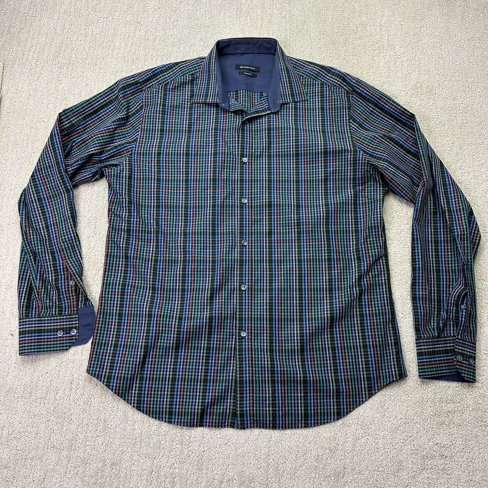 Bugatchi Shaped‎ Fit Men Long Sleeve Checkered Colorful Button Down Shirt *